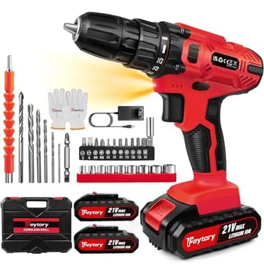 Taladro Atornillador 21V, 45N.m Atornillador Eléctrico, Taladro Combinado Inalámbrico con 25+1 de par de apriete, 2 x 1.5 Ah Batería, 29PCS Accesorios, 2 Velocidades, Luz LED,Cargador Rápido