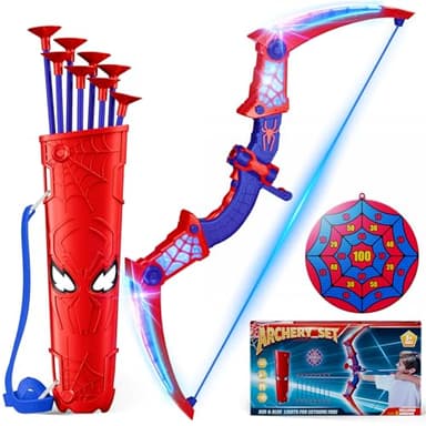Juguetes Niños 3 4 5 6 7 8 9 10 Años ArcoFlecha Spider con Luces LED Rojas & Azules, Carcaj Spider & Diana Telaraña Regalo Niño 3-12 Años Juegos Exterior Niños Regalos Juguetes para Niños de 3-12 Años