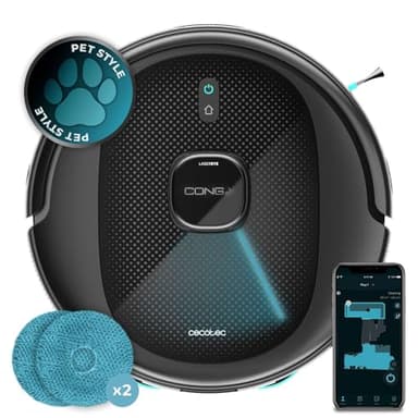 Cecotec Robot Aspirador Conga 9590 Spin Revolution Ultra Power Navegación láser Inteligente, 10.000 Pa, Máx 240 min autonomía, Mopas giratorias. Cepillo de Silicona, óptimo para Pelo de Mascotas